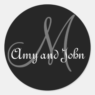 Pegatina Redonda Names & Initial Monogram Wedding Sticker Black
