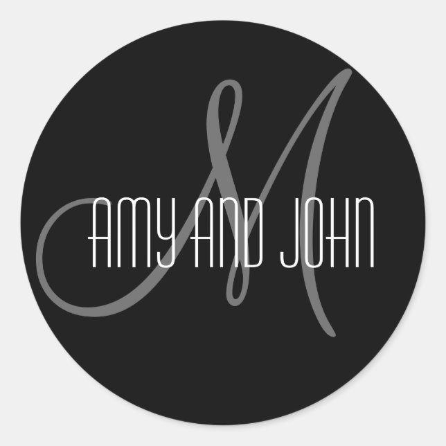 Pegatina Redonda Names & Initial Monogram Wedding Sticker Black (Anverso)