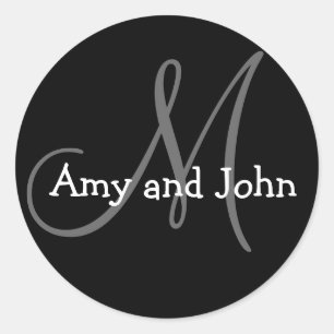 Pegatina Redonda Names & Initial Monogram Wedding Sticker Black