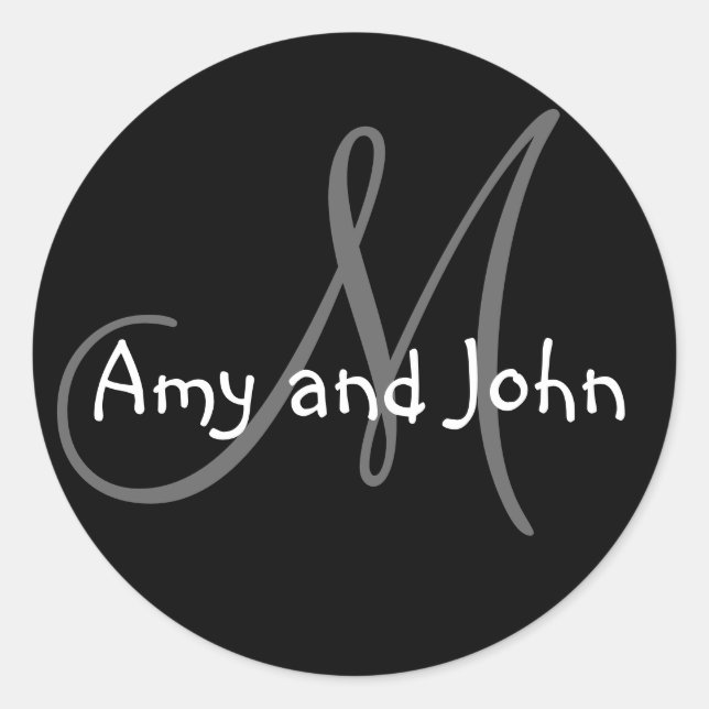 Pegatina Redonda Names & Initial Monogram Wedding Sticker Black (Anverso)