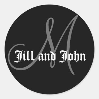 Pegatina Redonda Names & Initial Monogram Wedding Sticker Black