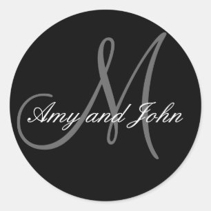 Pegatina Redonda Names & Initial Monogram Wedding Sticker Black