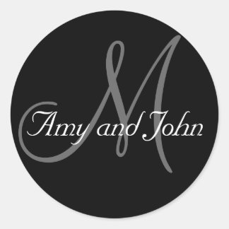 Pegatina Redonda Names & Initial Monogram Wedding Sticker Black