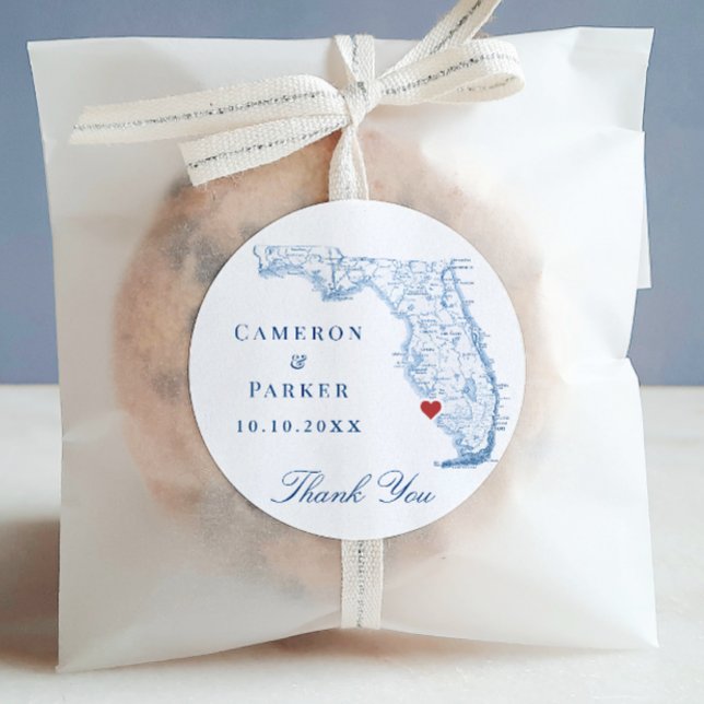 Pegatina Redonda Naples Florida Boda Gracias (Naples Florida Wedding favor round sticker label that says Thank You from Coastal Map Designs)