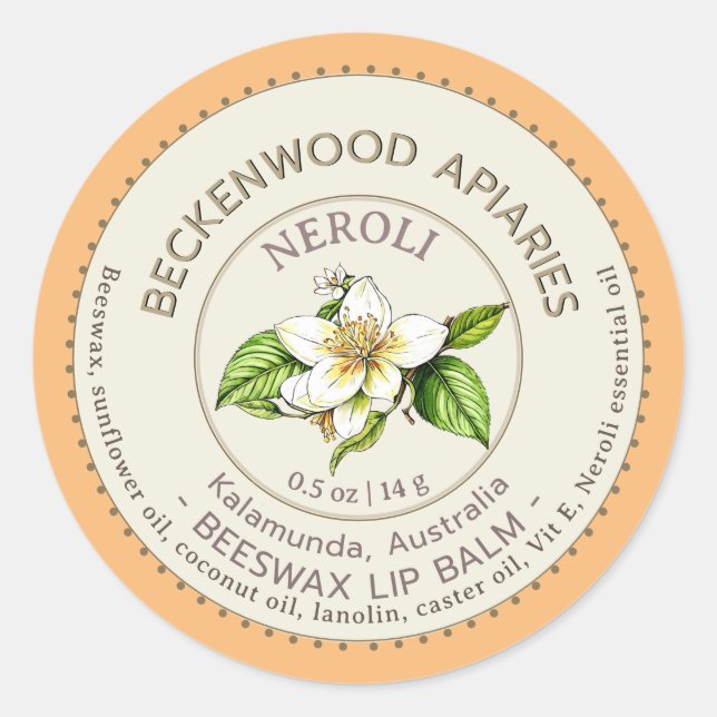 Pegatina Redonda Naranja amargo Neroli Lip Balm Beekeeper Apiar (Anverso)