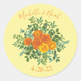 Pegatina Redonda Naranja amarillo Boda Rosas florales