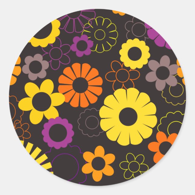 Pegatina Redonda Naranja amarillo y flores retro púrpura (Anverso)