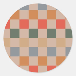 Pegatina Redonda Naranja azul beige Brown Checkered Gingham Pattern