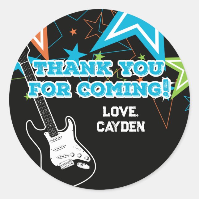 Pegatina Redonda Naranja azul de guitarra Estrella de Rock Birthday (Anverso)