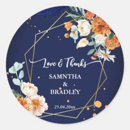Pegatina Redonda Naranja azul sage flores azul marino gracias