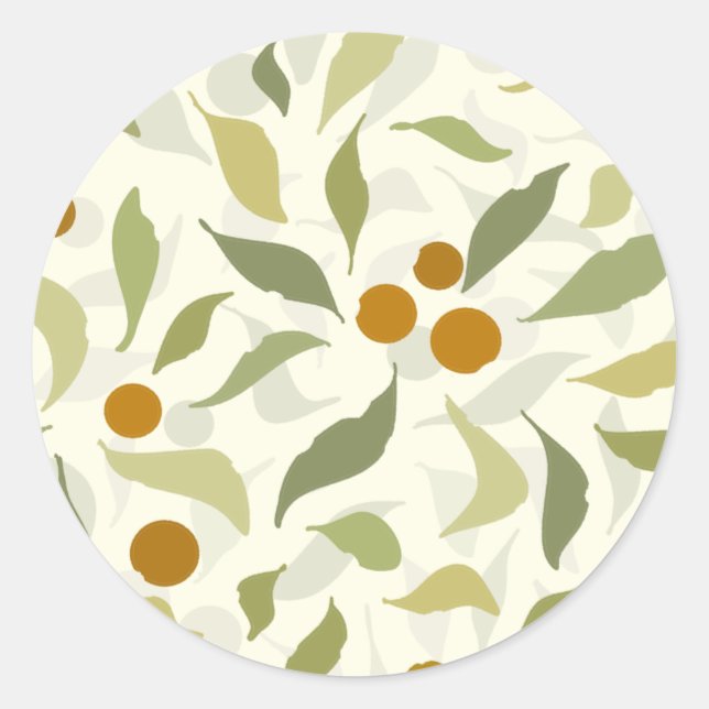 Pegatina Redonda Naranja Berries y hojas en crema - patrón. (Anverso)