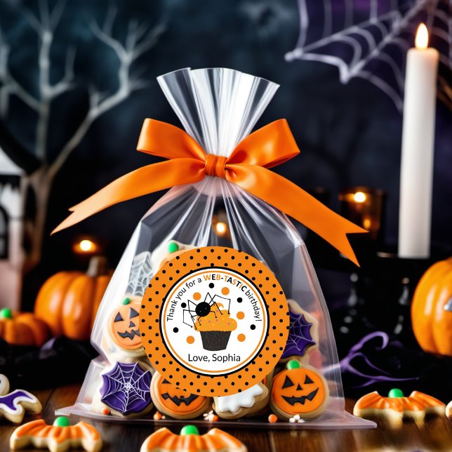Pegatina Redonda Naranja Black Spider Polka Dots Halloween Cumpleañ (Subido por el creador)