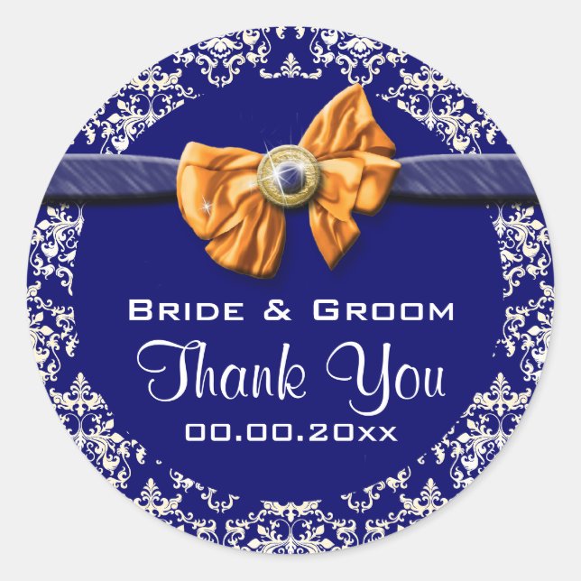 Pegatina Redonda Naranja blanco azul damasco elegante (Anverso)