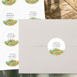 Pegatina Redonda Naranja Blossom Citrus Fruit Boda<br><div class="desc">Etiquetas de casamiento de flores silvestres de campo para usar como sellos para sobres de invitación, favorecer a pegatinas, tapetes de quequitos, etc. El diseño presenta naranjas, flores naranjas, vegetación y follaje colgante sobre un fondo neutro. Diseño natural fresco, exquisito para complementar un boda primaveral o veraniego con un tema...</div>