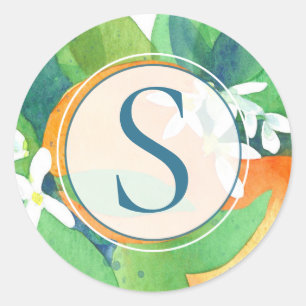 Pegatina Redonda Naranja Blossom Citrus Watercolor Monograma