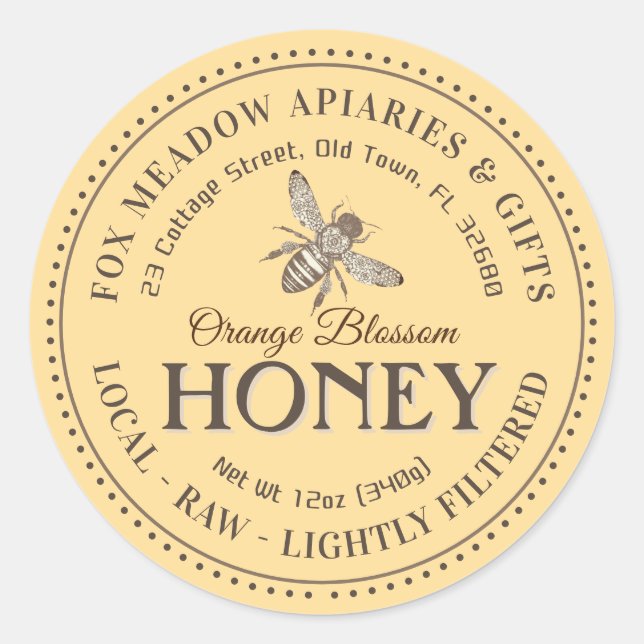 Pegatina Redonda Naranja Blossom Honey Flying Bee Doted Border (Anverso)