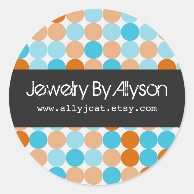 Pegatina Redonda Naranja, Blue Polka Dots Business Pegatinas (Anverso)
