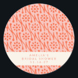 Pegatina Redonda Naranja Boho Coral Flores Botánicas Ducha de Novia<br><div class="desc">Este elegante pegatina redondo está diseñado con un vibrante patrón de inspiración retro, con audaces motivos florales naranjas sobre un suave fondo de melocotón. Una pancarta de personalizable a través del centro destaca el evento, perfecto para personalizar con el nombre y la fecha de la ocasión. Ideal para sellar invitaciones,...</div>