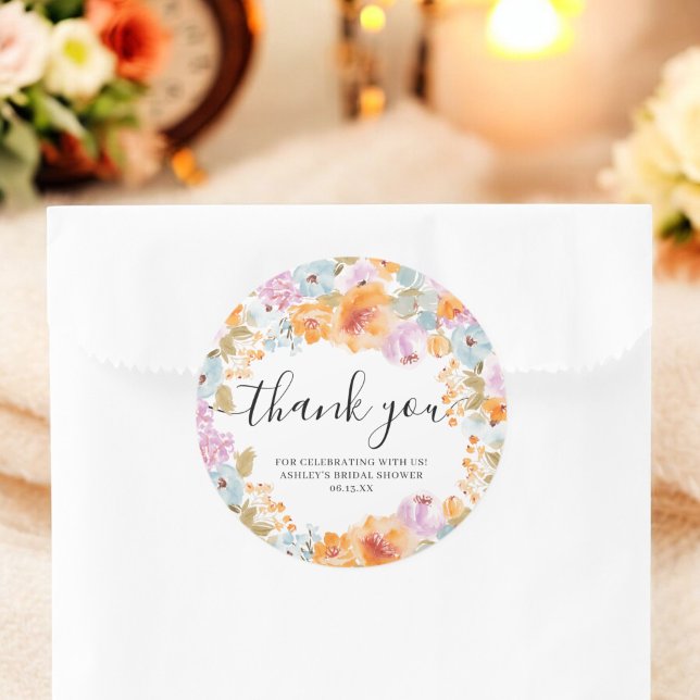 Pegatina Redonda Naranja Boho Floral Agradecimiento Acuarela Nupcia (Orange Boho Floral Watercolor Thank You Bridal Classic Round Sticker)