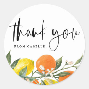 Pegatina Redonda Naranja Botánica y Limón Agradecimiento de Graduac