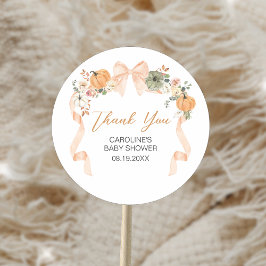 Pegatina Redonda Naranja Bow Pumpkin Baby Shower