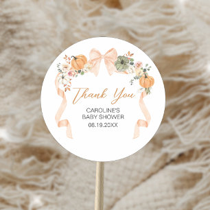Pegatina Redonda Naranja Bow Pumpkin Baby Shower