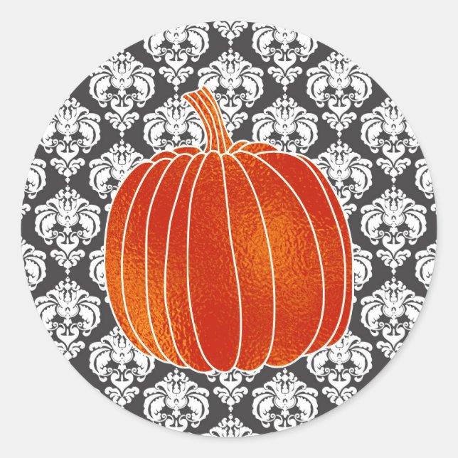 Pegatina Redonda Naranja brillante Calabaza de otoño Damasco de Gri (Anverso)