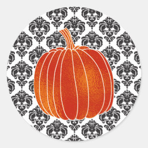 Pegatina Redonda Naranja Brillante Otoño Calabaza Blanco Negro Dama
