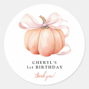 Pegatina Redonda Naranja Calabaza Rosada Bow Primer cumpleaños