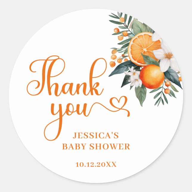 Pegatina Redonda Naranja Citrus Baby Shower Favor (Anverso)