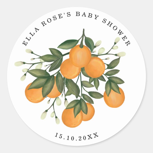 Pegatina Redonda Naranja Citrus Botanical Greeneration Baby Shower  (Anverso)