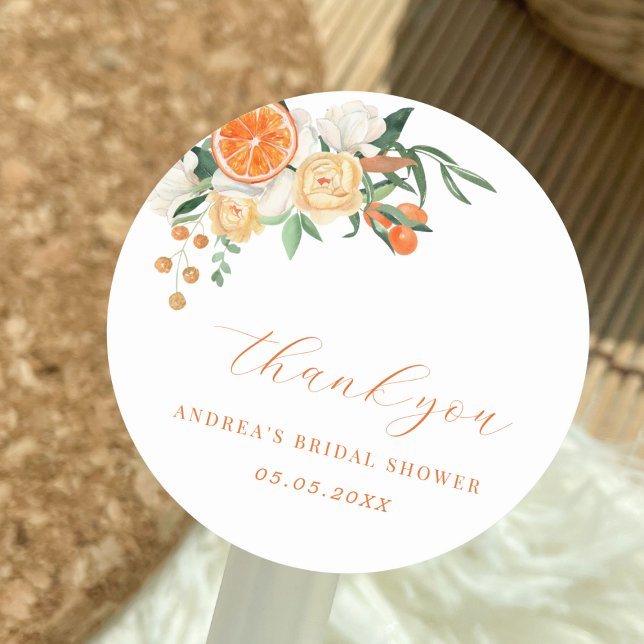 Pegatina Redonda Naranja Citrus Floral Bridal Shower (Subido por el creador)