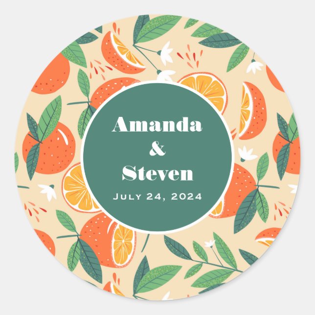 Pegatina Redonda Naranja Citrus Fruit Retro Pattern Fecha de evento (Anverso)