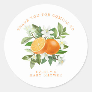 Pegatina Redonda Naranja Citrus Little Cutie Baby Shower Gracias