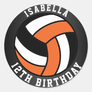 Pegatina Redonda Naranja, cumpleaños de voleibol blanco y negro