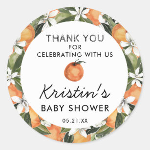 Pegatina Redonda Naranja Cutie Baby Shower Gracias Por Favor