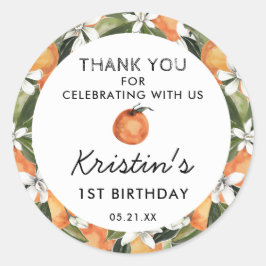 Pegatina Redonda Naranja Cutie Primer Cumpleaños Gracias Por Favor