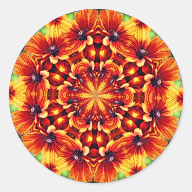 Pegatina Redonda Naranja Daisy Abstract Flower Art (Anverso)