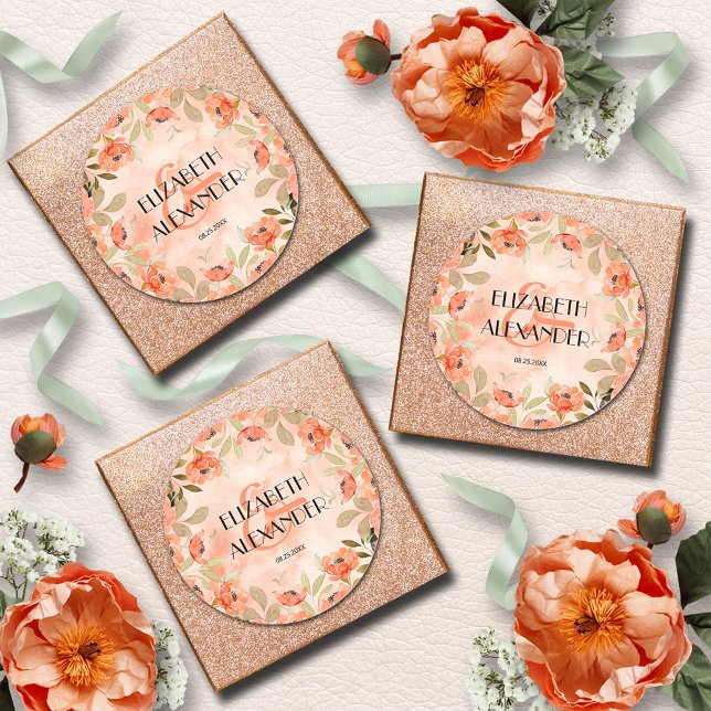 Pegatina Redonda Naranja de acuarela Boda floral (Watercolor Orange Floral Wedding 3" Round Stickers)