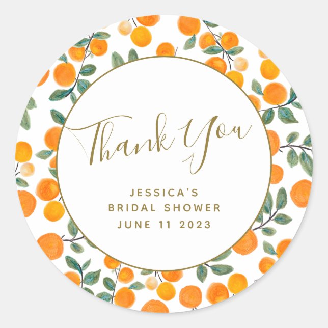 Pegatina Redonda Naranja de acuarela Citrus Personalizado Bridal Sh (Anverso)