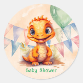 Pegatina Redonda Naranja de acuarela Dinosaur Flags Boy Baby Shower