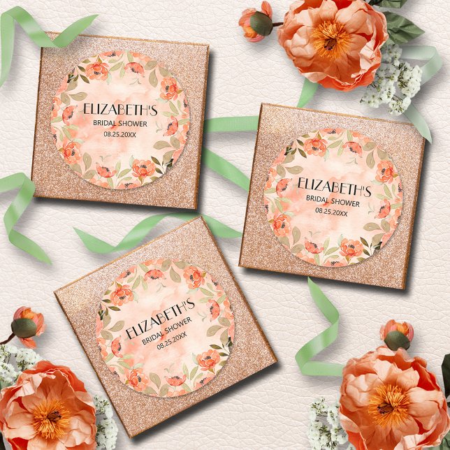 Pegatina Redonda Naranja de acuarela Floral Bridal Shower (Watercolor orange floral bridal shower round stickers)