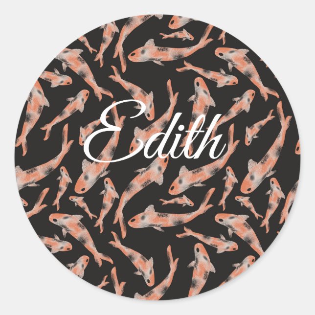 Pegatina Redonda Naranja de acuarela Koi Fish Black Personalizado (Anverso)