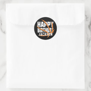 Pegatina Redonda Naranja de baloncesto Black Happy Birday Fiesta