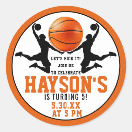 Pegatina Redonda naranja de baloncesto Boy 5ª fiesta de cumpleaños