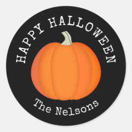 Pegatina Redonda Naranja de calabaza y Halloween Black Happy
