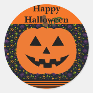 Pegatina Redonda Naranja de cara sonriente Jack-o-Lantern Black Cla