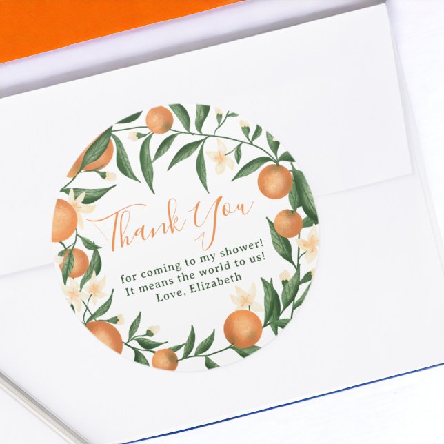 Pegatina Redonda Naranja de cítricos botánicos pequeña ducha de beb (Botanical citrus orange little cutie baby shower classic round sticker)