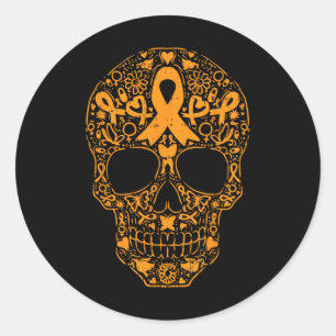 Pegatina Redonda Naranja de cráneo azucarero Cinta Leucemia Cáncer