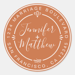 Pegatina Redonda Naranja de devolución de dirección de monograma de